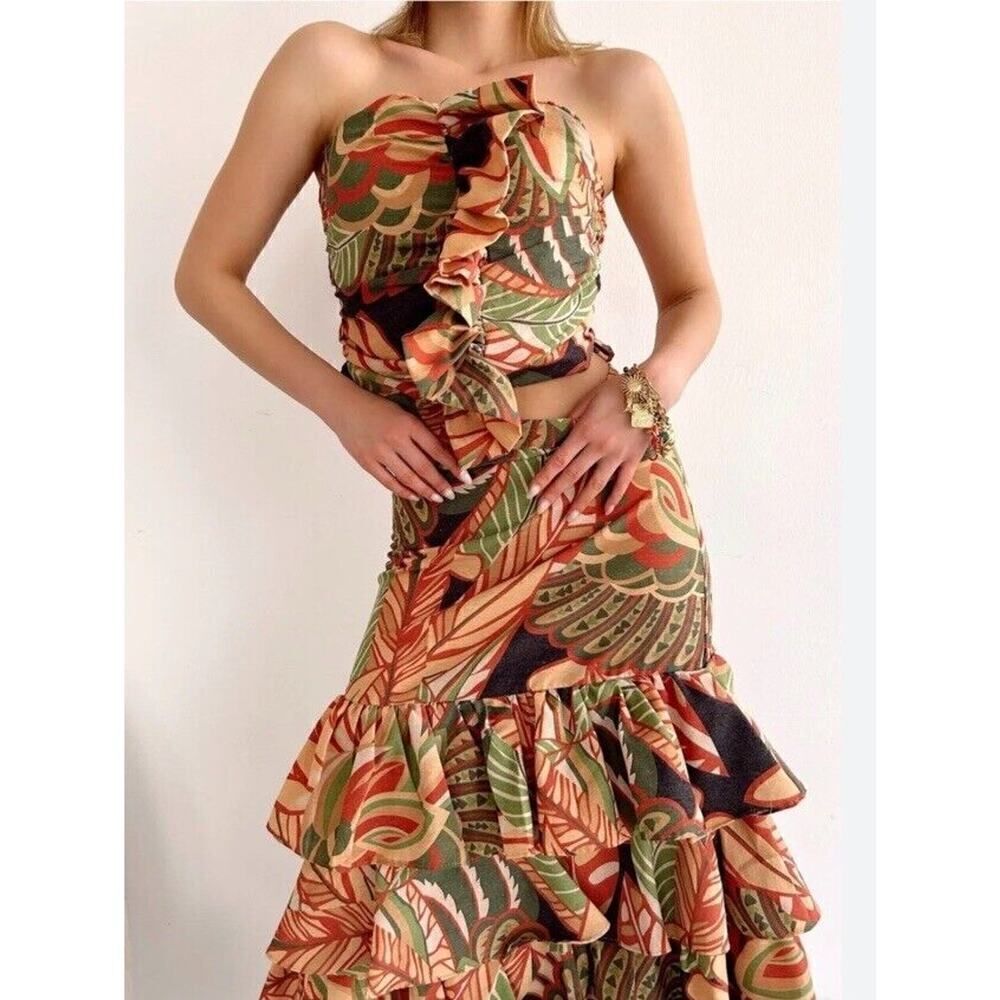 NWT ZARA Two-Piece Set Linen Multicolor Tropical Floral Skirt Top Small